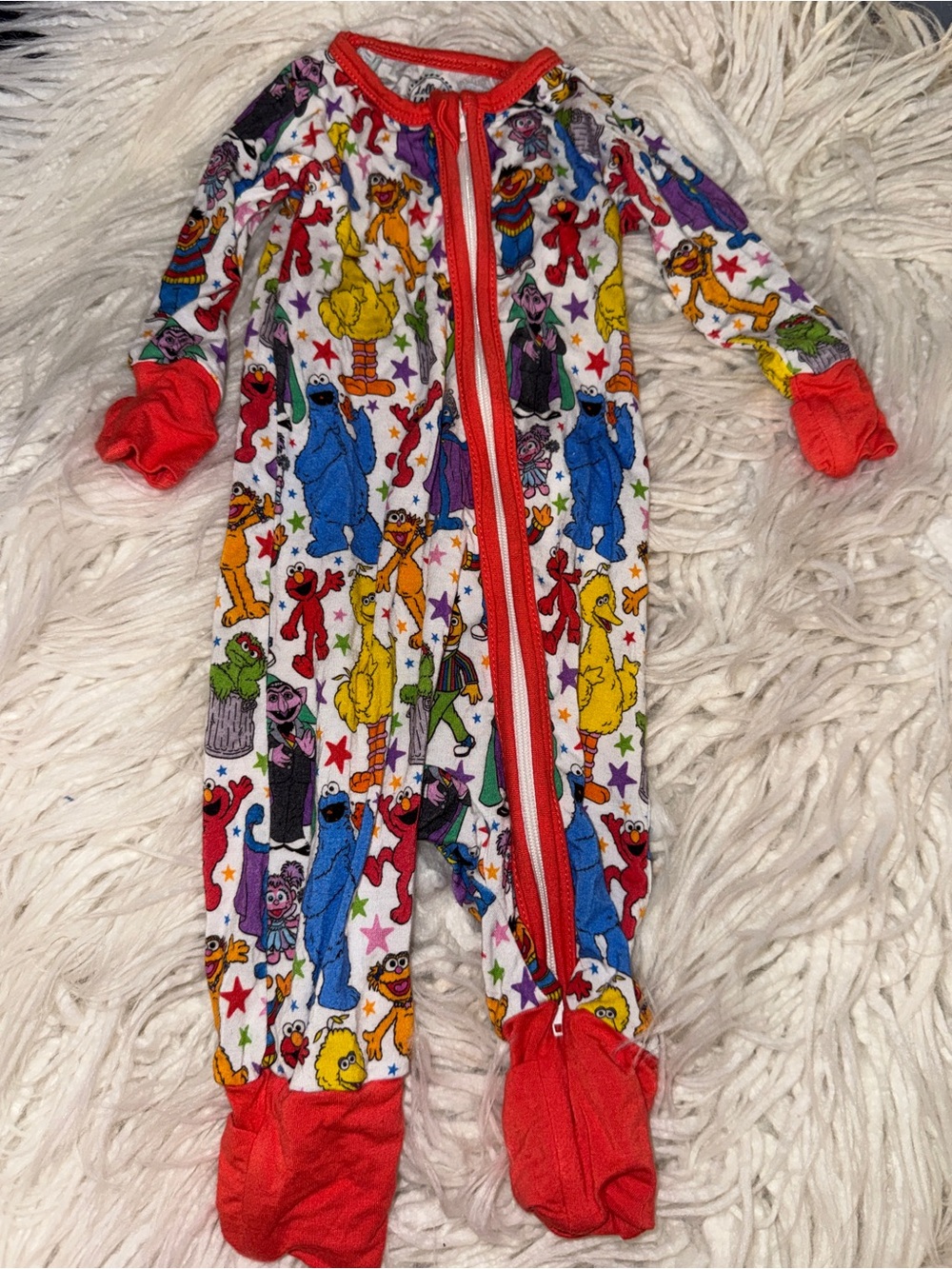 Kids White Sesame Street Character Footed One-Piece Pajamas with Red Trim